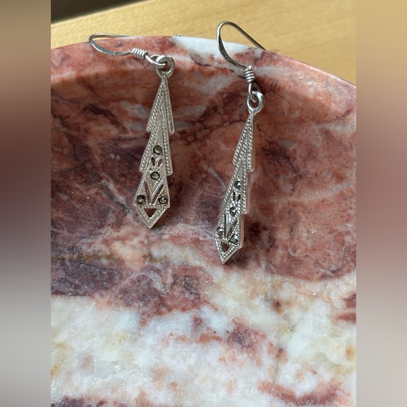 Vintage Art Deco-Inspired Artisan 925 Silver Marcasite Earrings - Picture 8 of 10